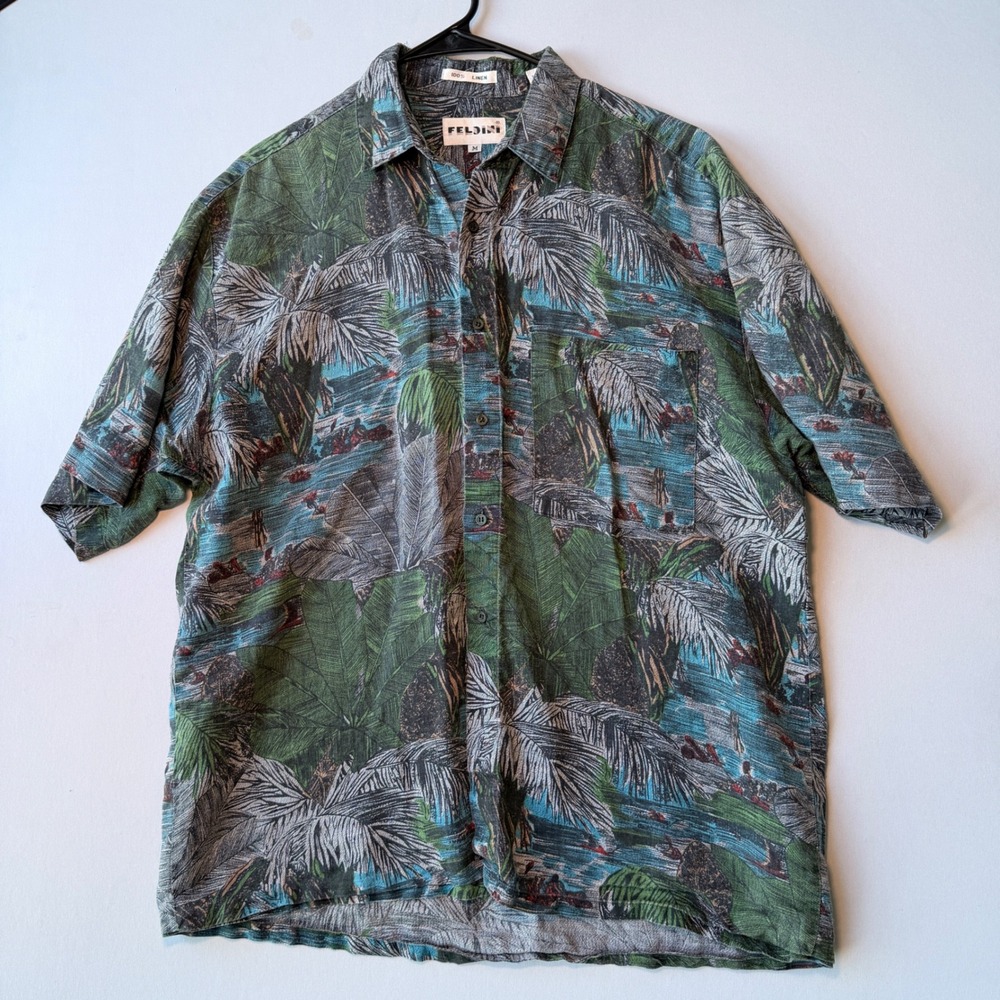 VTG Feldini Linen Hawaiian Shirt Mens M Green Blue Tropical Island Aloha Palm
